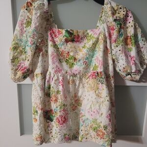 Oddy Eyelet Bohemian Boho Floral Top Babydoll Women's M